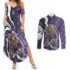 Personalised Fremantle Dockers Couples Matching Summer Maxi Dress and Long Sleeve Button Shirt Trippy Psychedelic Abstract Art Mascot Football Fans