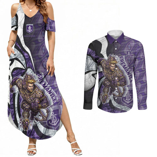 Personalised Fremantle Dockers Couples Matching Summer Maxi Dress and Long Sleeve Button Shirt Trippy Psychedelic Abstract Art Mascot Football Fans