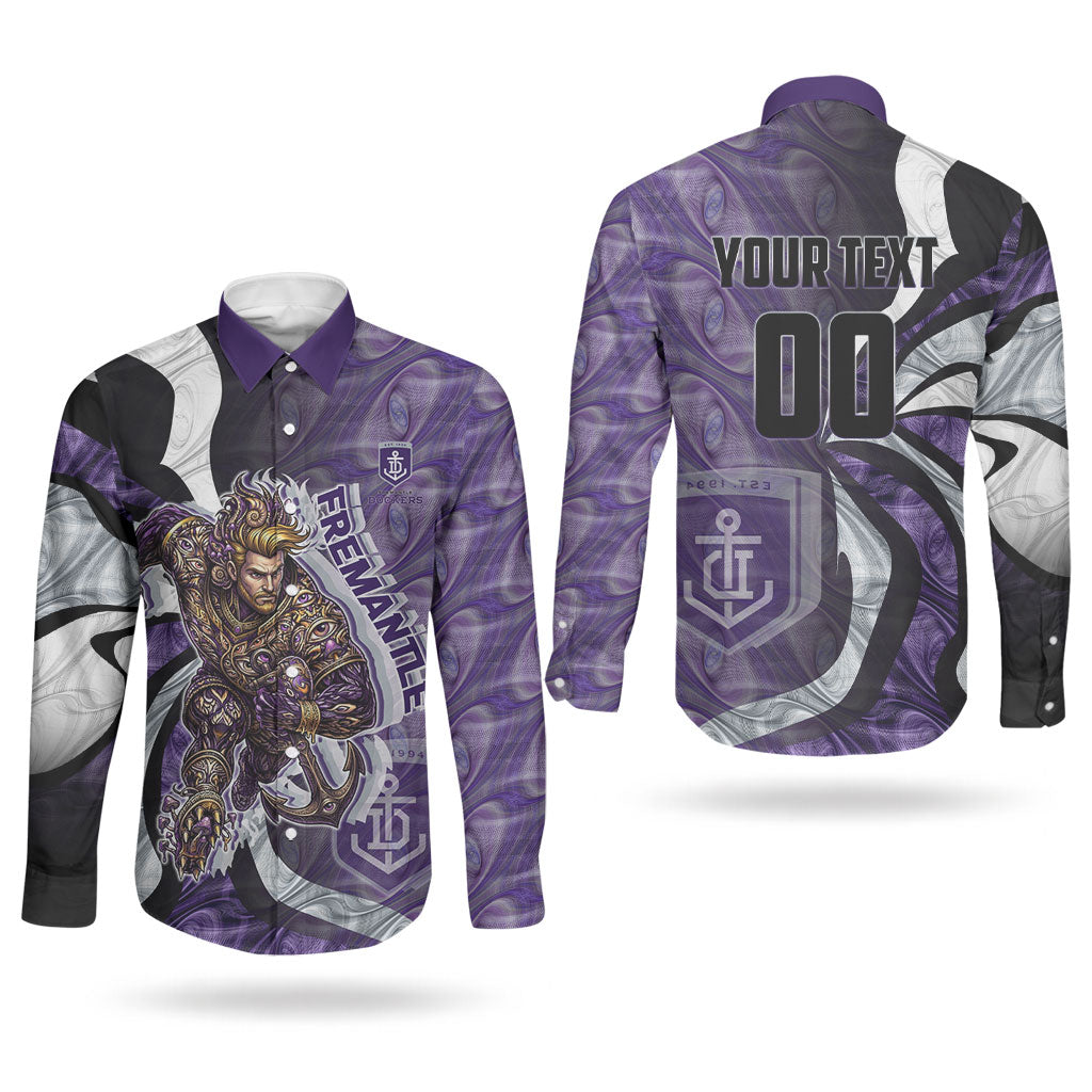 Personalised Fremantle Dockers Couples Matching Summer Maxi Dress and Long Sleeve Button Shirt Trippy Psychedelic Abstract Art Mascot Football Fans