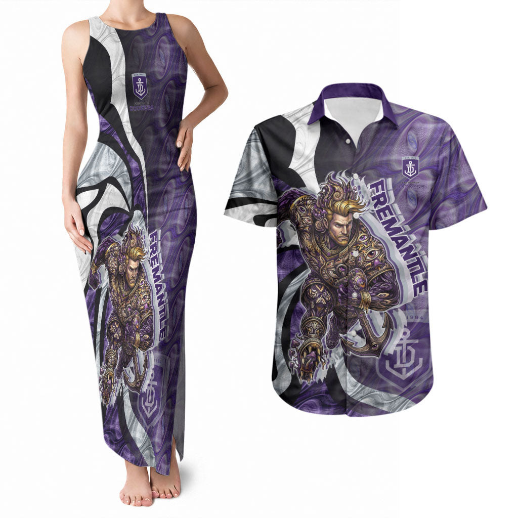 Personalised Fremantle Dockers Couples Matching Tank Maxi Dress and Hawaiian Shirt Trippy Psychedelic Abstract Art Mascot Football Fans