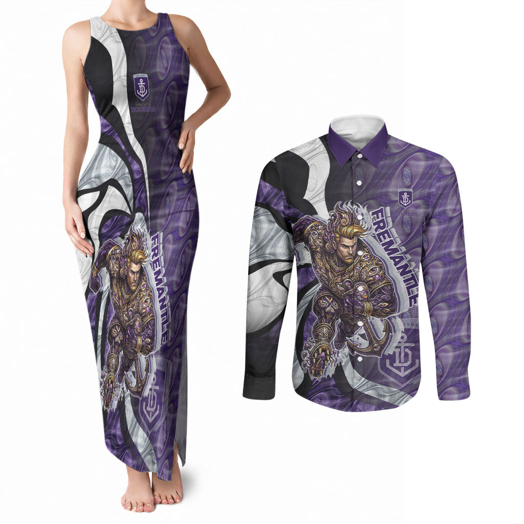 Personalised Fremantle Dockers Couples Matching Tank Maxi Dress and Long Sleeve Button Shirt Trippy Psychedelic Abstract Art Mascot Football Fans