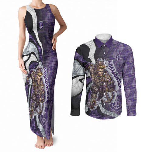 Personalised Fremantle Dockers Couples Matching Tank Maxi Dress and Long Sleeve Button Shirt Trippy Psychedelic Abstract Art Mascot Football Fans