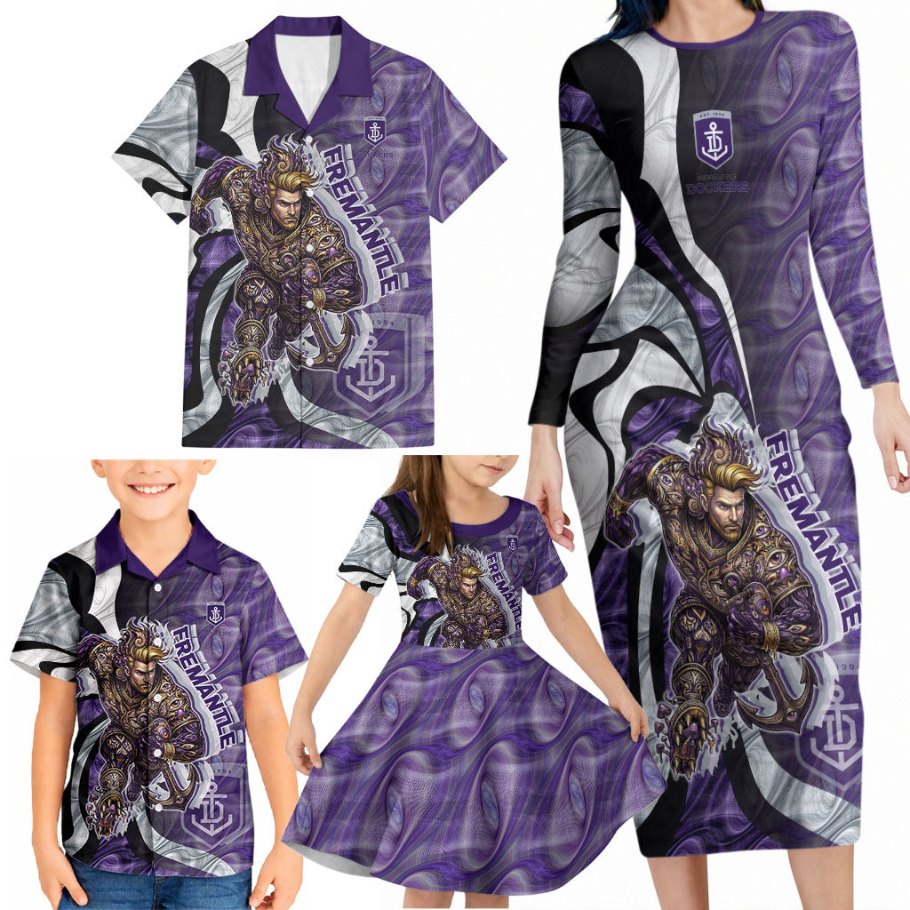Personalised Fremantle Dockers Family Matching Long Sleeve Bodycon Dress and Hawaiian Shirt Trippy Psychedelic Abstract Art Mascot Football Fans