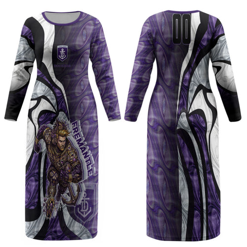 Personalised Fremantle Dockers Family Matching Long Sleeve Bodycon Dress and Hawaiian Shirt Trippy Psychedelic Abstract Art Mascot Football Fans