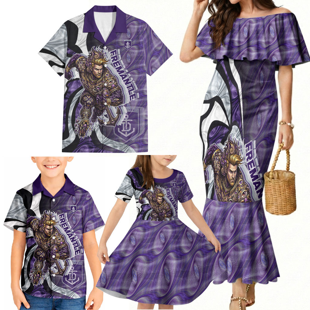 Personalised Fremantle Dockers Family Matching Mermaid Dress and Hawaiian Shirt Trippy Psychedelic Abstract Art Mascot Football Fans