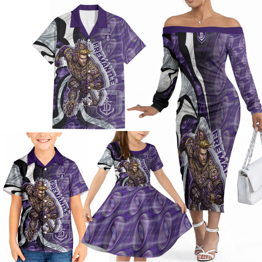 Personalised Fremantle Dockers Family Matching Off The Shoulder Long Sleeve Dress and Hawaiian Shirt Trippy Psychedelic Abstract Art Mascot Football Fans