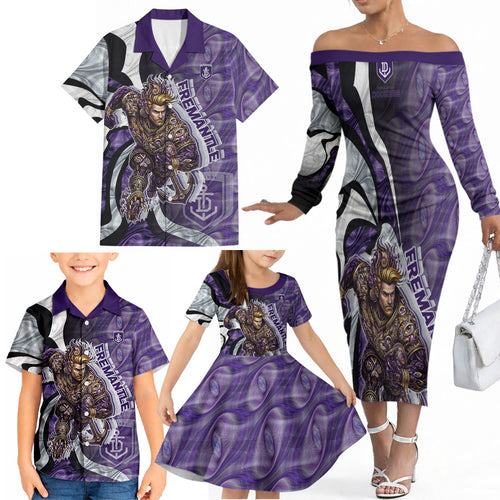 Personalised Fremantle Dockers Family Matching Off The Shoulder Long Sleeve Dress and Hawaiian Shirt Trippy Psychedelic Abstract Art Mascot Football Fans