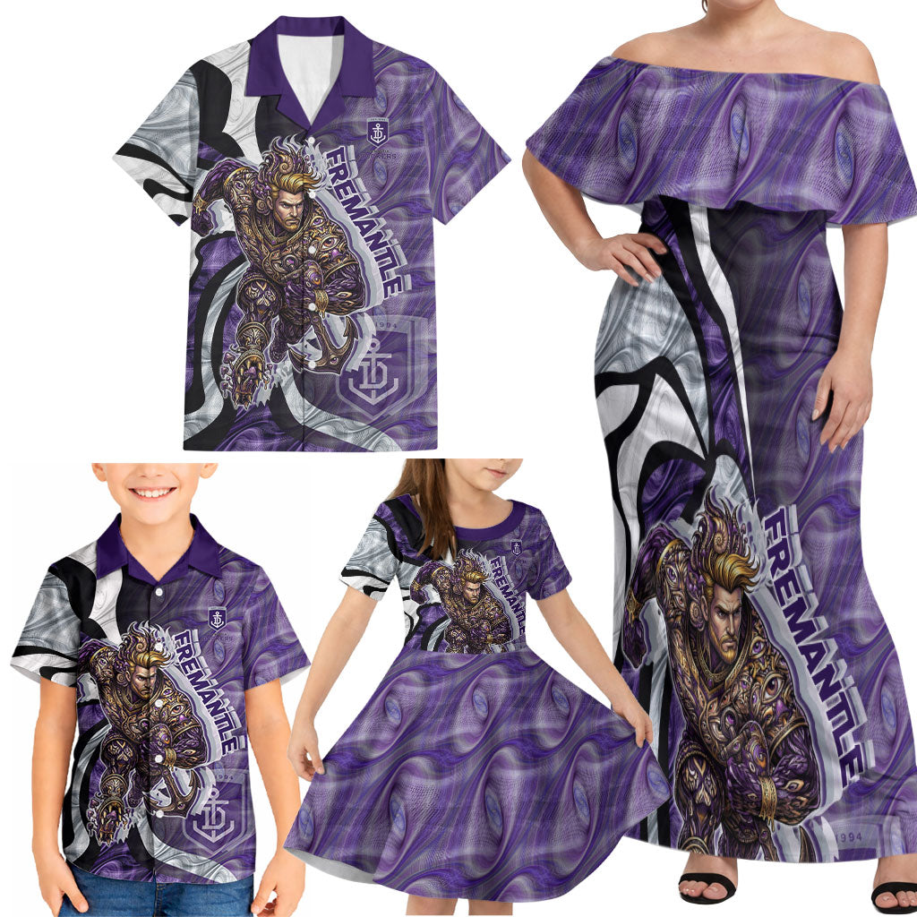 Personalised Fremantle Dockers Family Matching Off Shoulder Maxi Dress and Hawaiian Shirt Trippy Psychedelic Abstract Art Mascot Football Fans