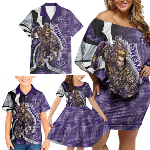 Personalised Fremantle Dockers Family Matching Off Shoulder Short Dress and Hawaiian Shirt Trippy Psychedelic Abstract Art Mascot Football Fans