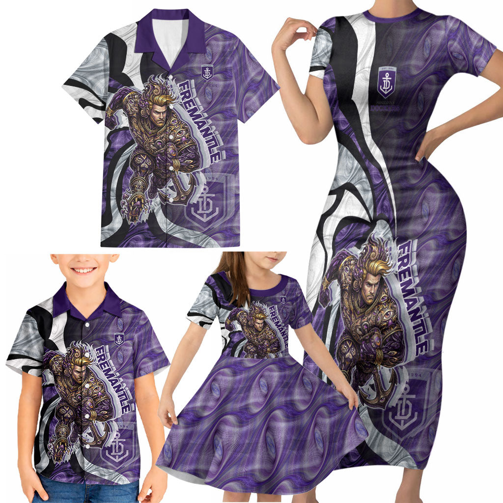 Personalised Fremantle Dockers Family Matching Short Sleeve Bodycon Dress and Hawaiian Shirt Trippy Psychedelic Abstract Art Mascot Football Fans