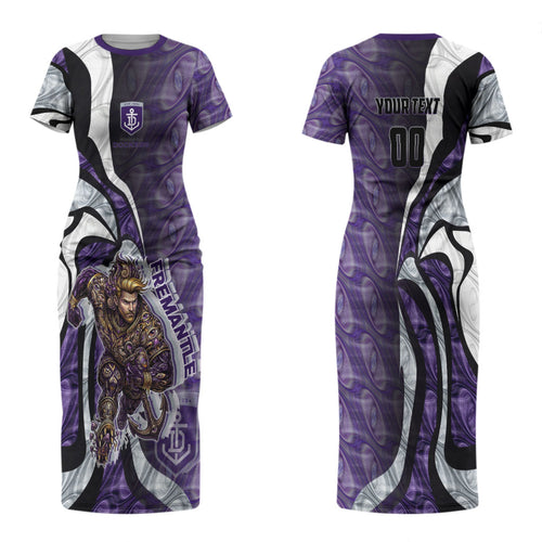 Personalised Fremantle Dockers Family Matching Short Sleeve Bodycon Dress and Hawaiian Shirt Trippy Psychedelic Abstract Art Mascot Football Fans