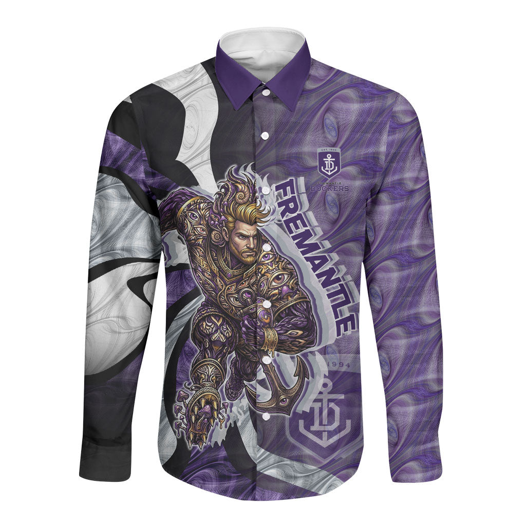 Personalised Fremantle Dockers Long Sleeve Button Shirt Trippy Psychedelic Abstract Art Mascot Football Fans