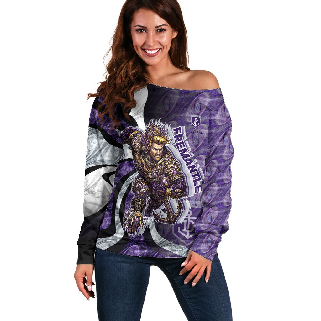 Personalised Fremantle Dockers Off Shoulder Sweater Trippy Psychedelic Abstract Art Mascot Football Fans