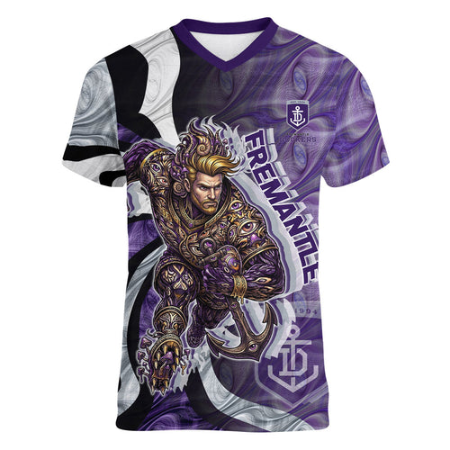 Personalised Fremantle Dockers Women V-Neck T-Shirt Trippy Psychedelic Abstract Art Mascot Football Fans