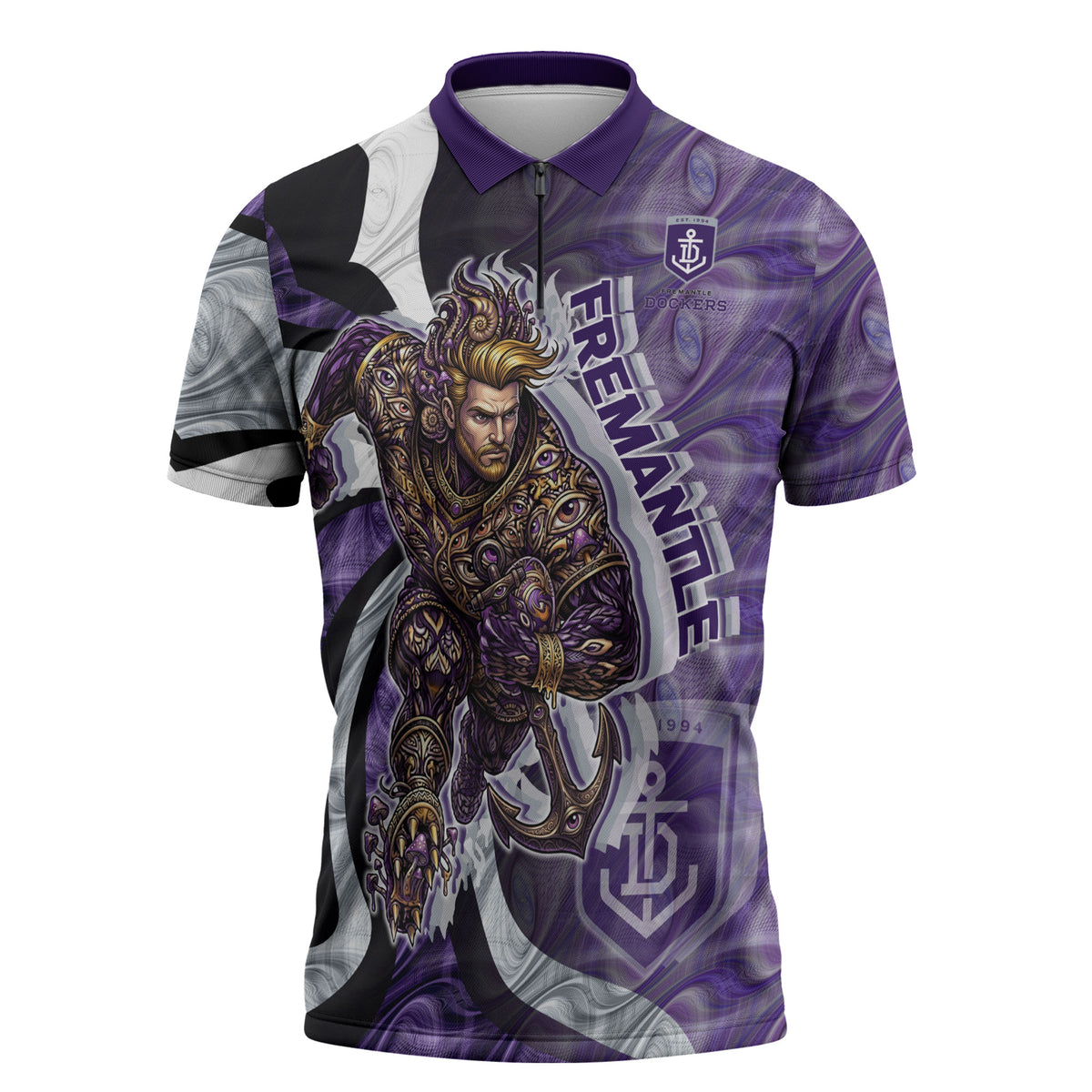 Personalised Fremantle Dockers Zipper Polo Shirt Trippy Psychedelic Abstract Art Mascot Football Fans