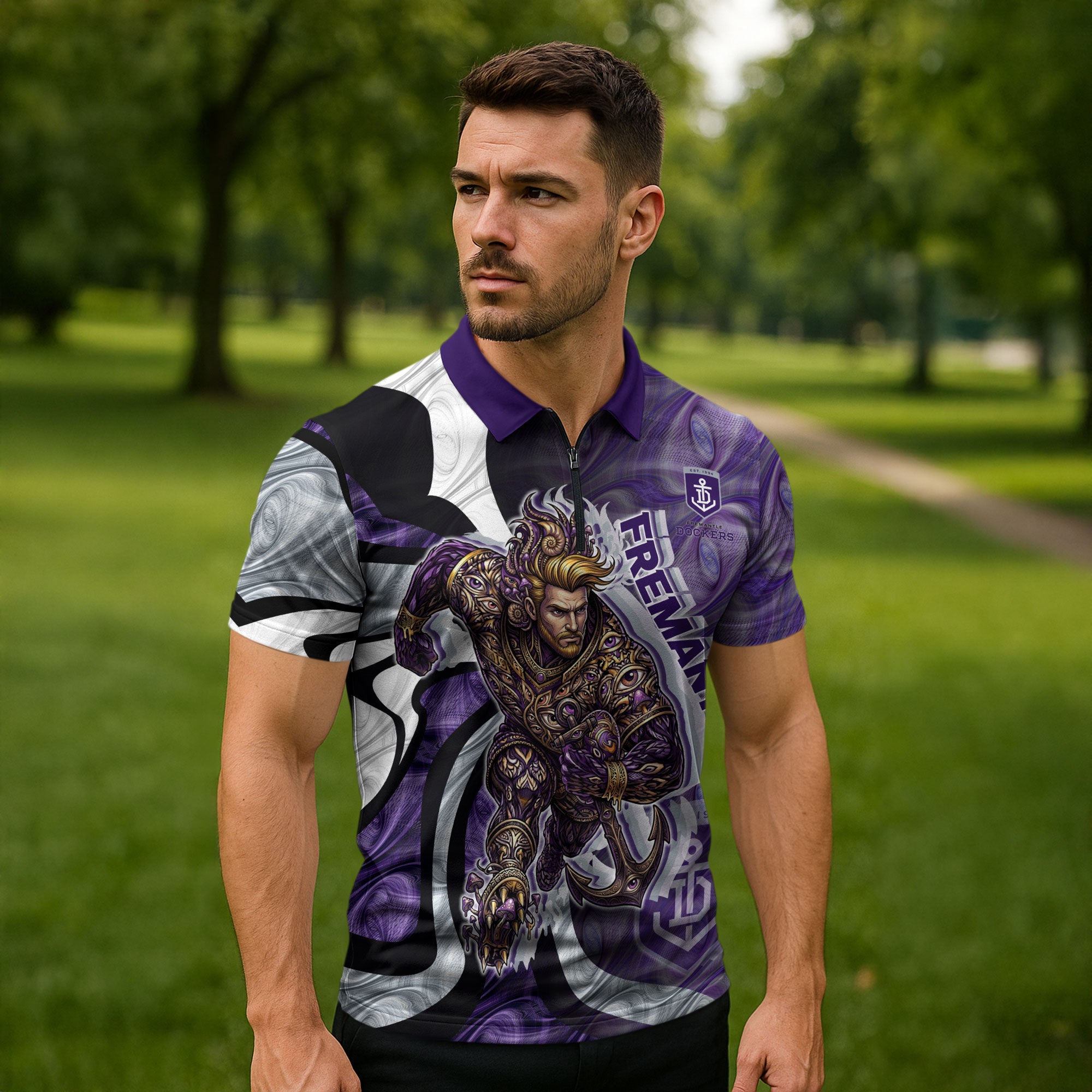 Personalised Fremantle Dockers Zipper Polo Shirt Trippy Psychedelic Abstract Art Mascot Football Fans