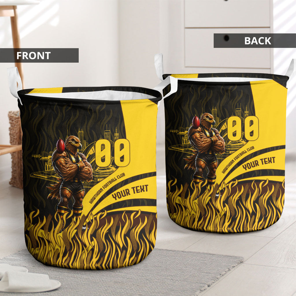 Personalised Hawthorn Hawks Football Laundry Basket Australian City Skyline Graphic Fierce Mascot Art