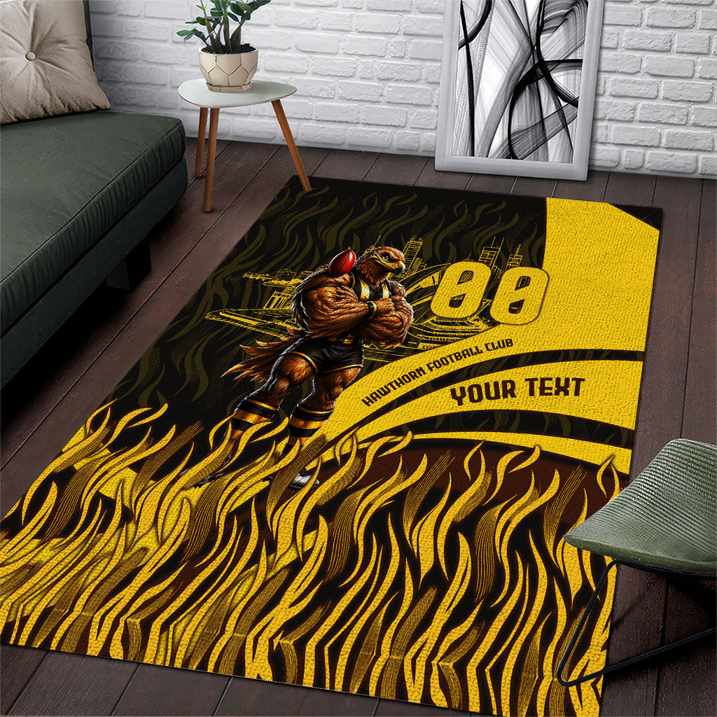 Personalised Hawthorn Hawks Football Area Rug Australian City Skyline Graphic Fierce Mascot Art