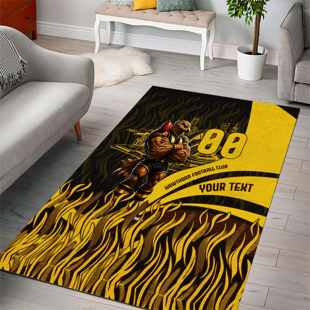 Personalised Hawthorn Hawks Football Area Rug Australian City Skyline Graphic Fierce Mascot Art