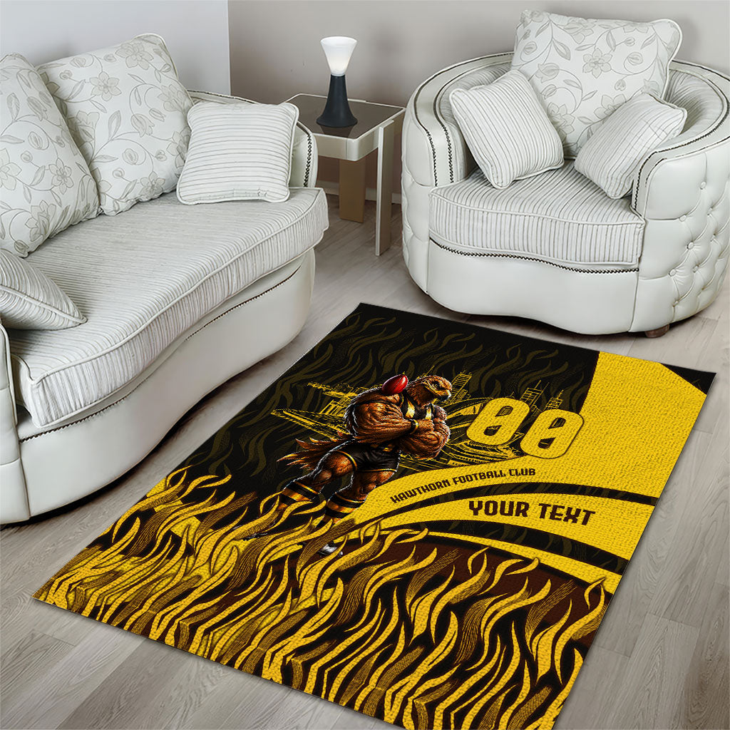 Personalised Hawthorn Hawks Football Area Rug Australian City Skyline Graphic Fierce Mascot Art