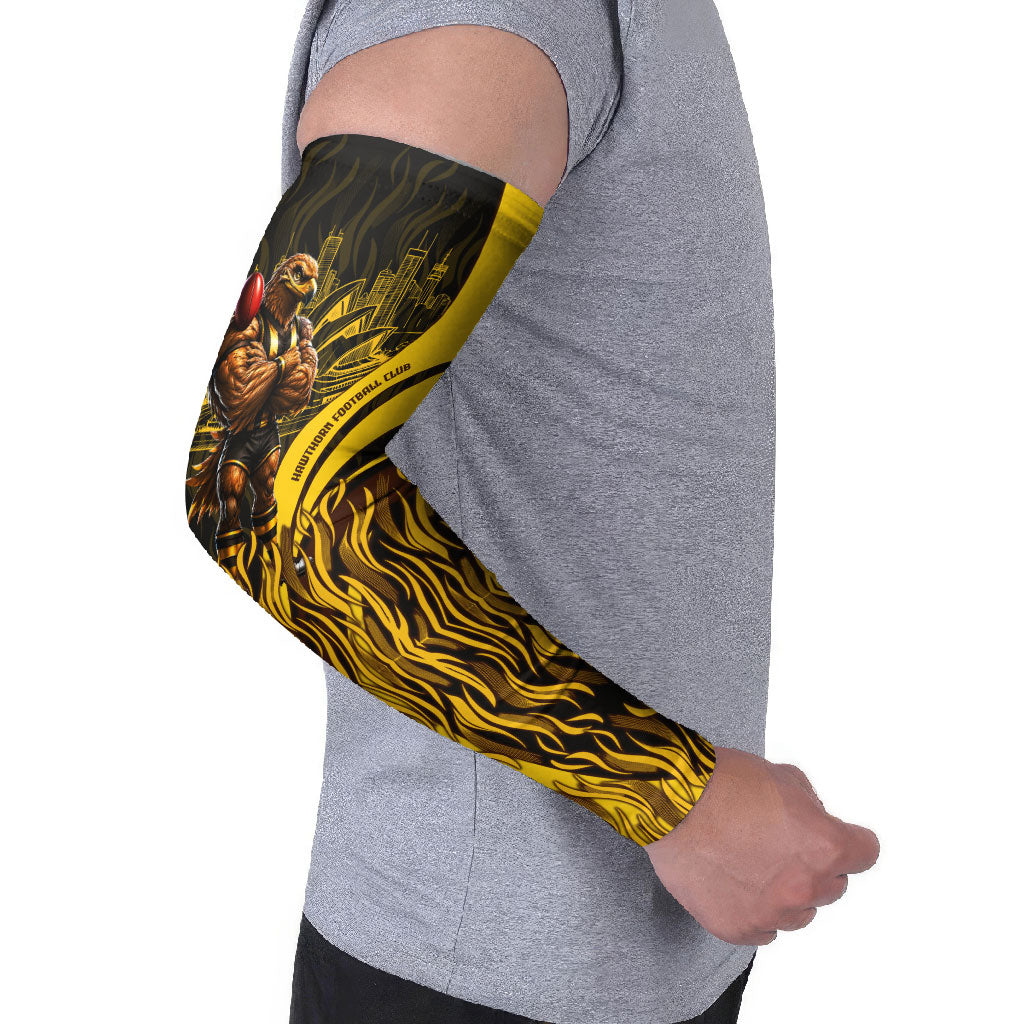 Personalised Hawthorn Hawks Football Arm Sleeves Australian City Skyline Graphic Fierce Mascot Art