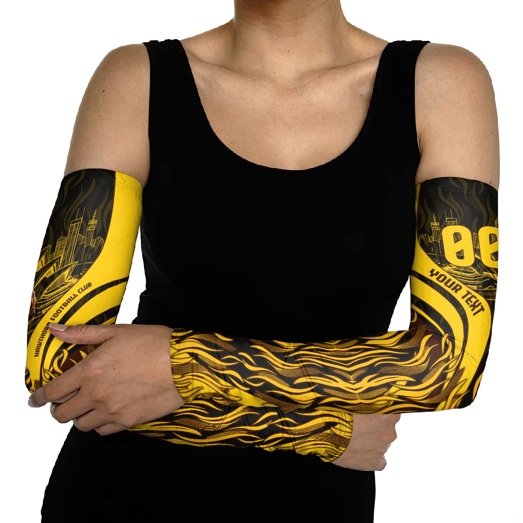 Personalised Hawthorn Hawks Football Arm Sleeves Australian City Skyline Graphic Fierce Mascot Art
