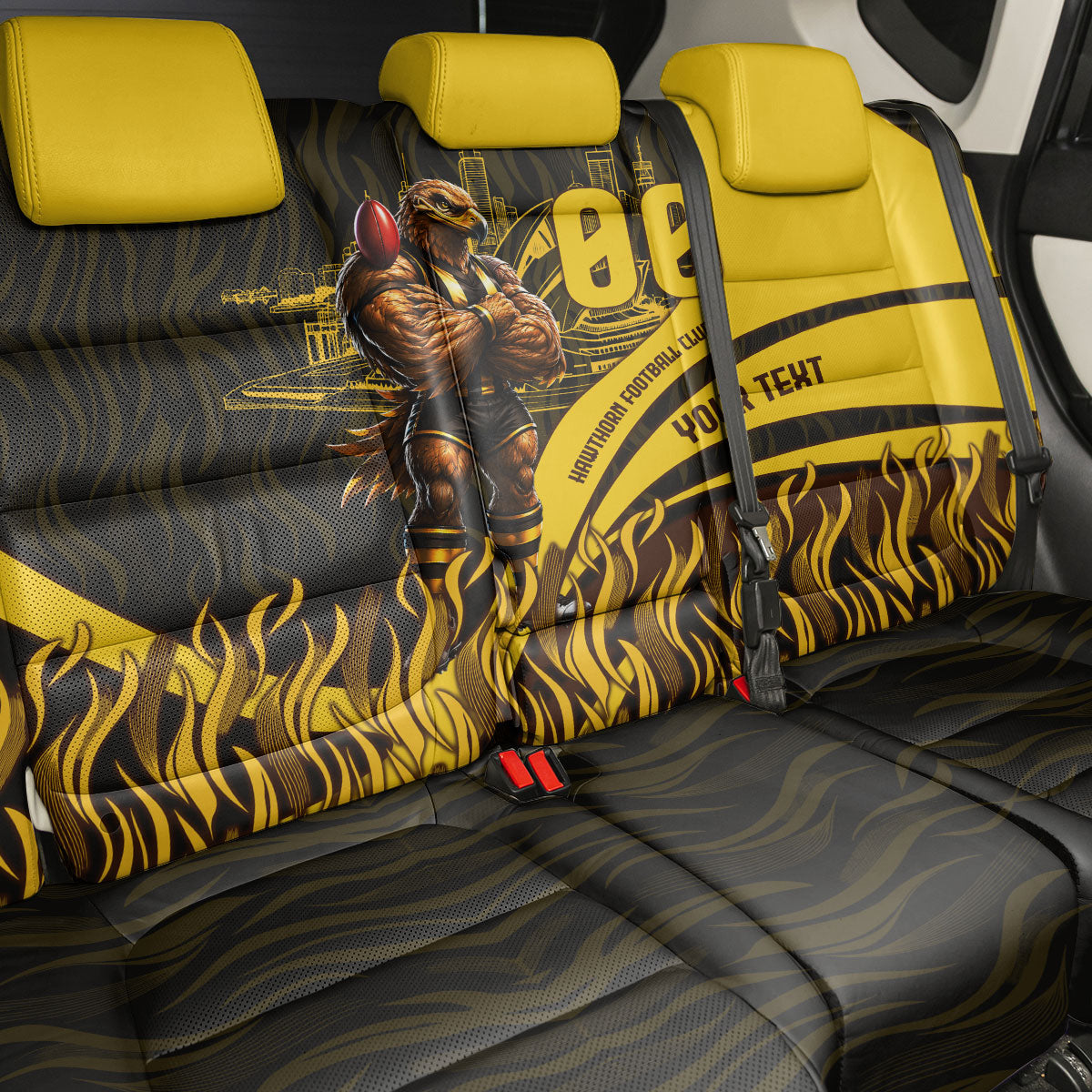 Personalised Hawthorn Hawks Football Back Car Seat Cover Australian City Skyline Graphic Fierce Mascot Art