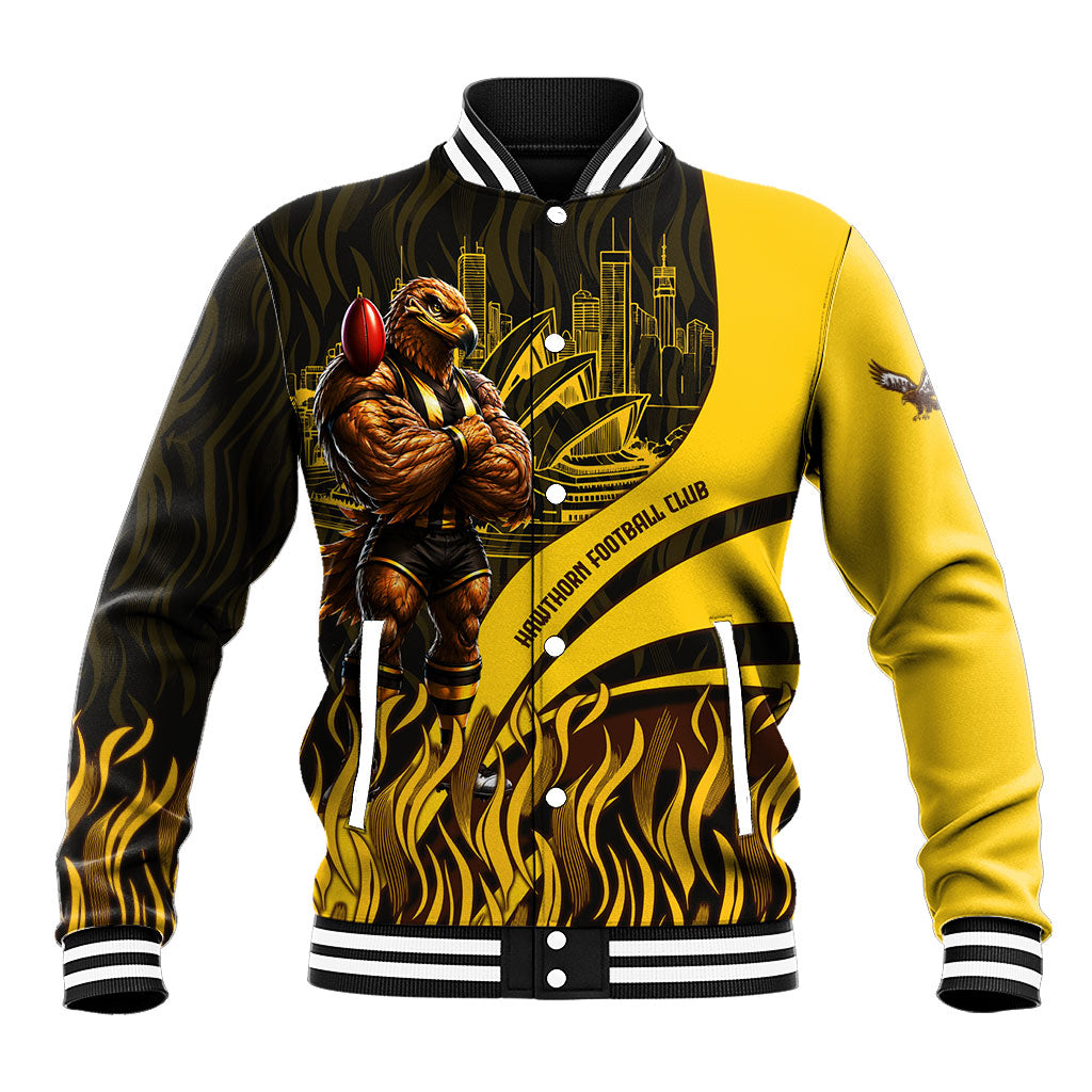 Personalised Hawthorn Hawks Football Baseball Jacket Australian City Skyline Graphic Fierce Mascot Art