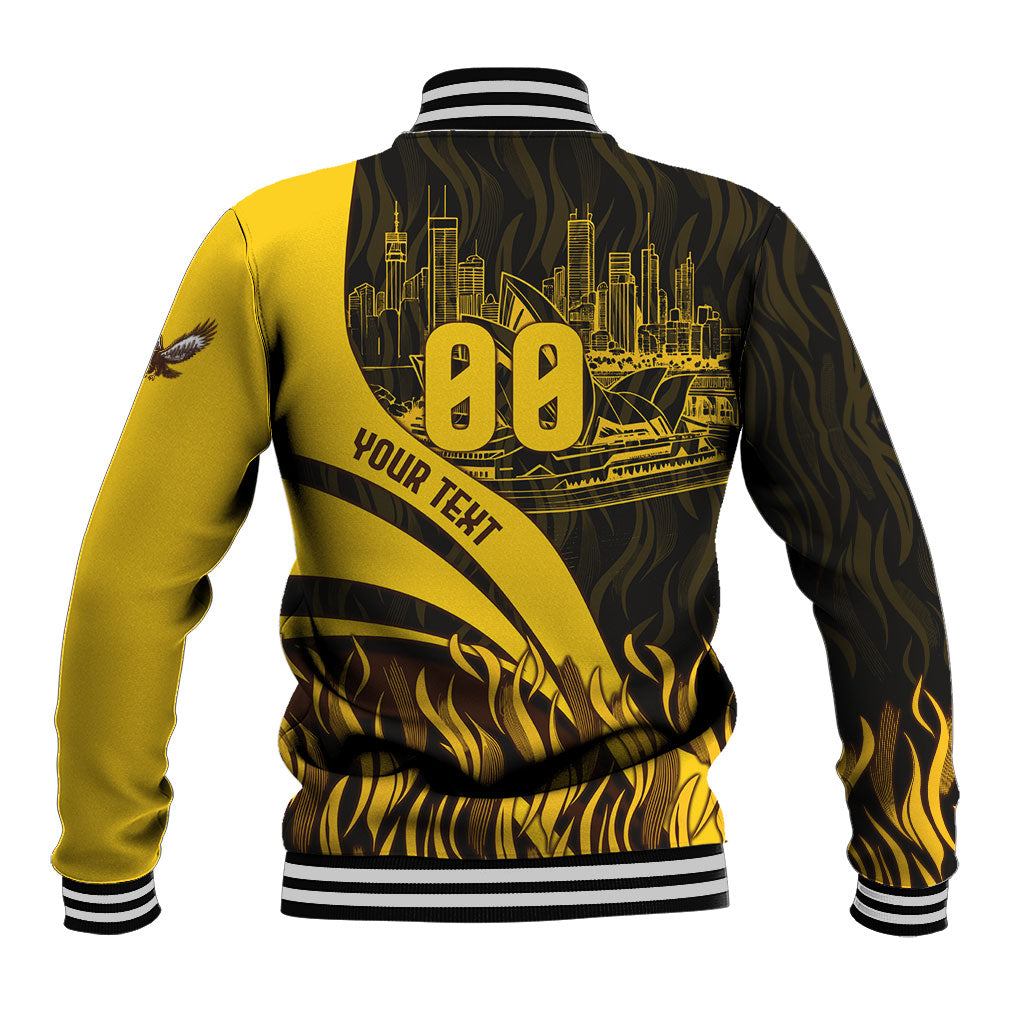 Personalised Hawthorn Hawks Football Baseball Jacket Australian City Skyline Graphic Fierce Mascot Art