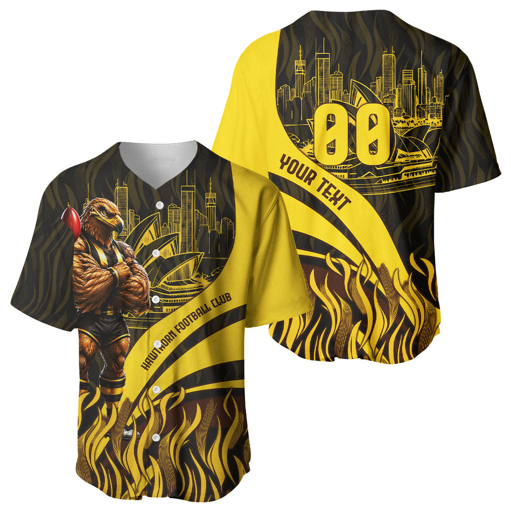 Personalised Hawthorn Hawks Football Baseball Jersey Australian City Skyline Graphic Fierce Mascot Art