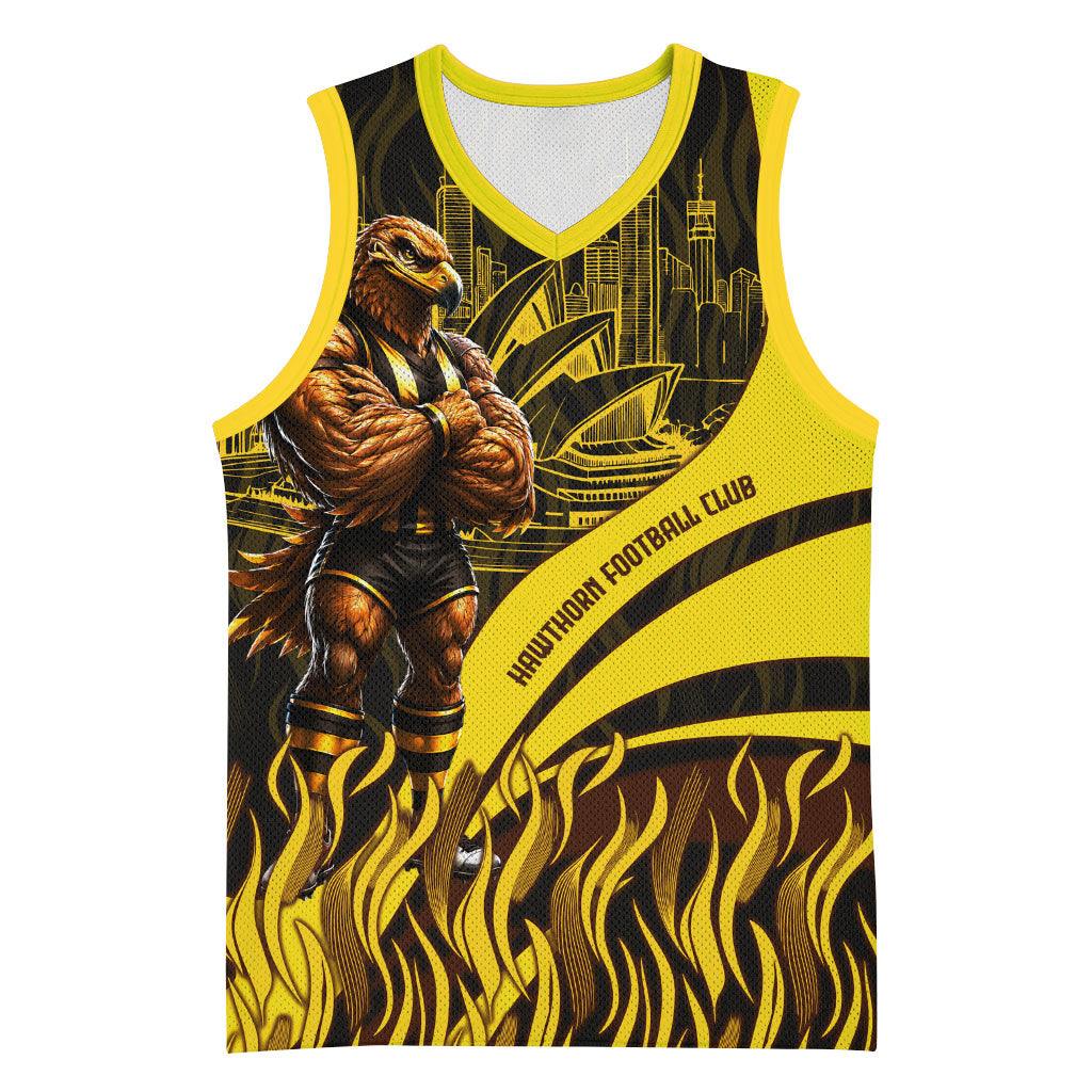 Personalised Hawthorn Hawks Football Basketball Jersey Australian City Skyline Graphic Fierce Mascot Art