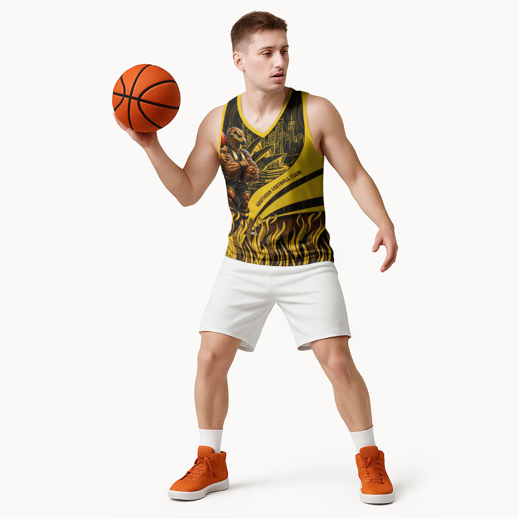 Personalised Hawthorn Hawks Football Basketball Jersey Australian City Skyline Graphic Fierce Mascot Art