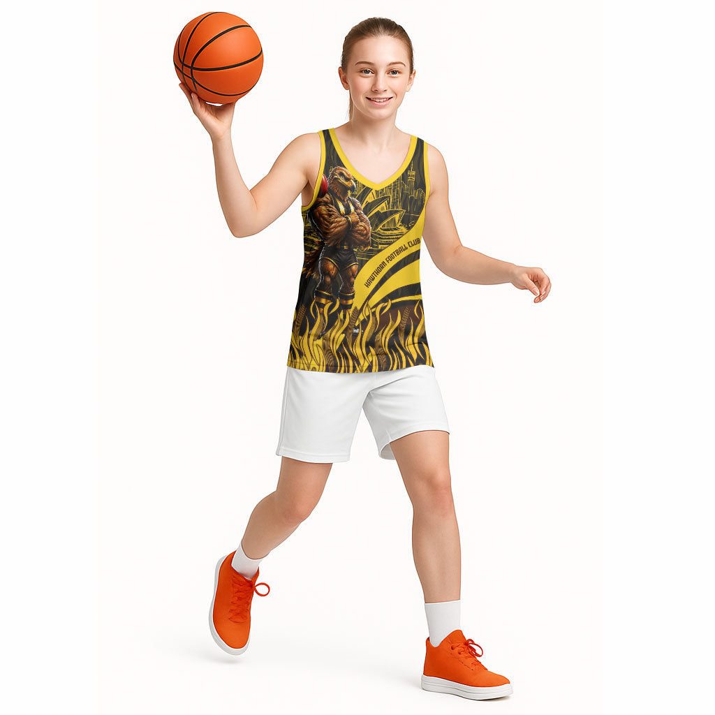 Personalised Hawthorn Hawks Football Basketball Jersey Australian City Skyline Graphic Fierce Mascot Art