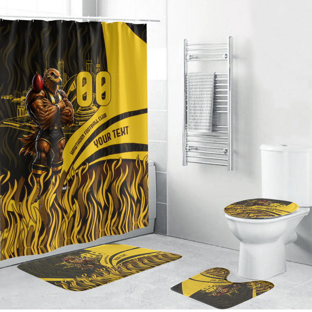 Personalised Hawthorn Hawks Football Bathroom Set Australian City Skyline Graphic Fierce Mascot Art