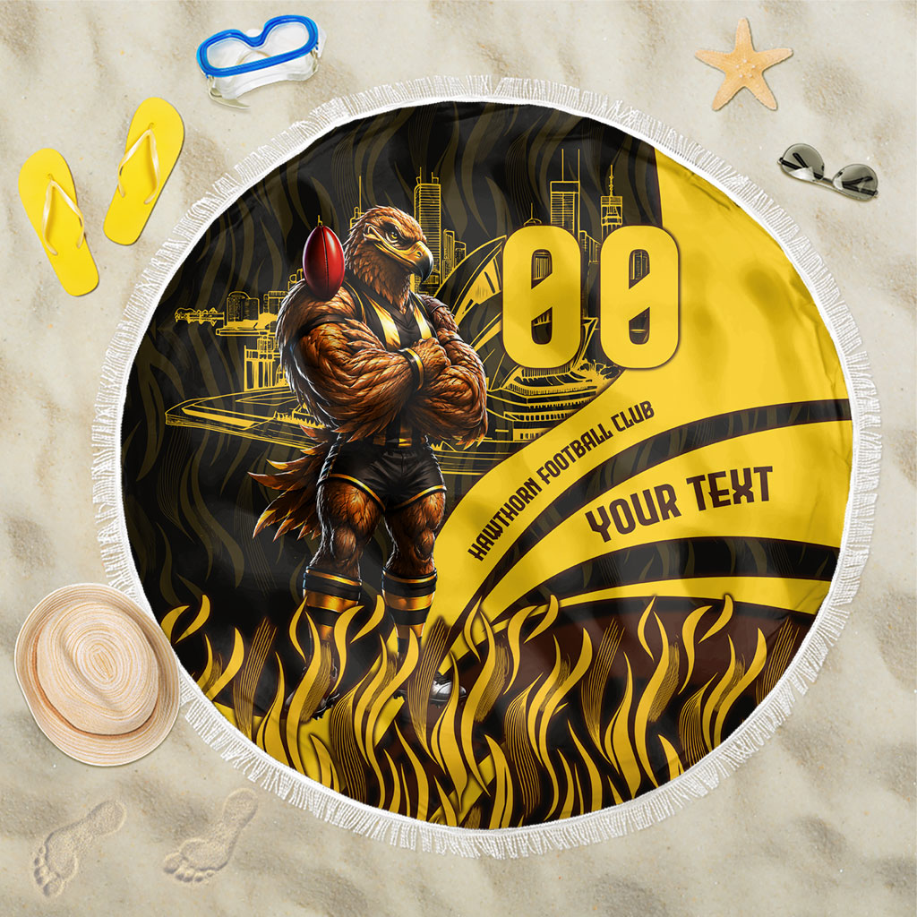 Personalised Hawthorn Hawks Football Beach Blanket Australian City Skyline Graphic Fierce Mascot Art