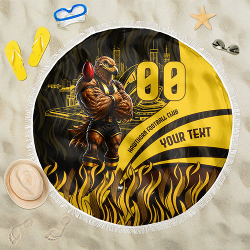Personalised Hawthorn Hawks Football Beach Blanket Australian City Skyline Graphic Fierce Mascot Art