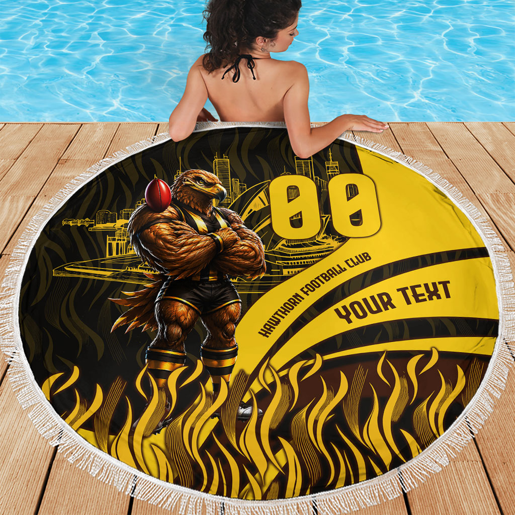 Personalised Hawthorn Hawks Football Beach Blanket Australian City Skyline Graphic Fierce Mascot Art