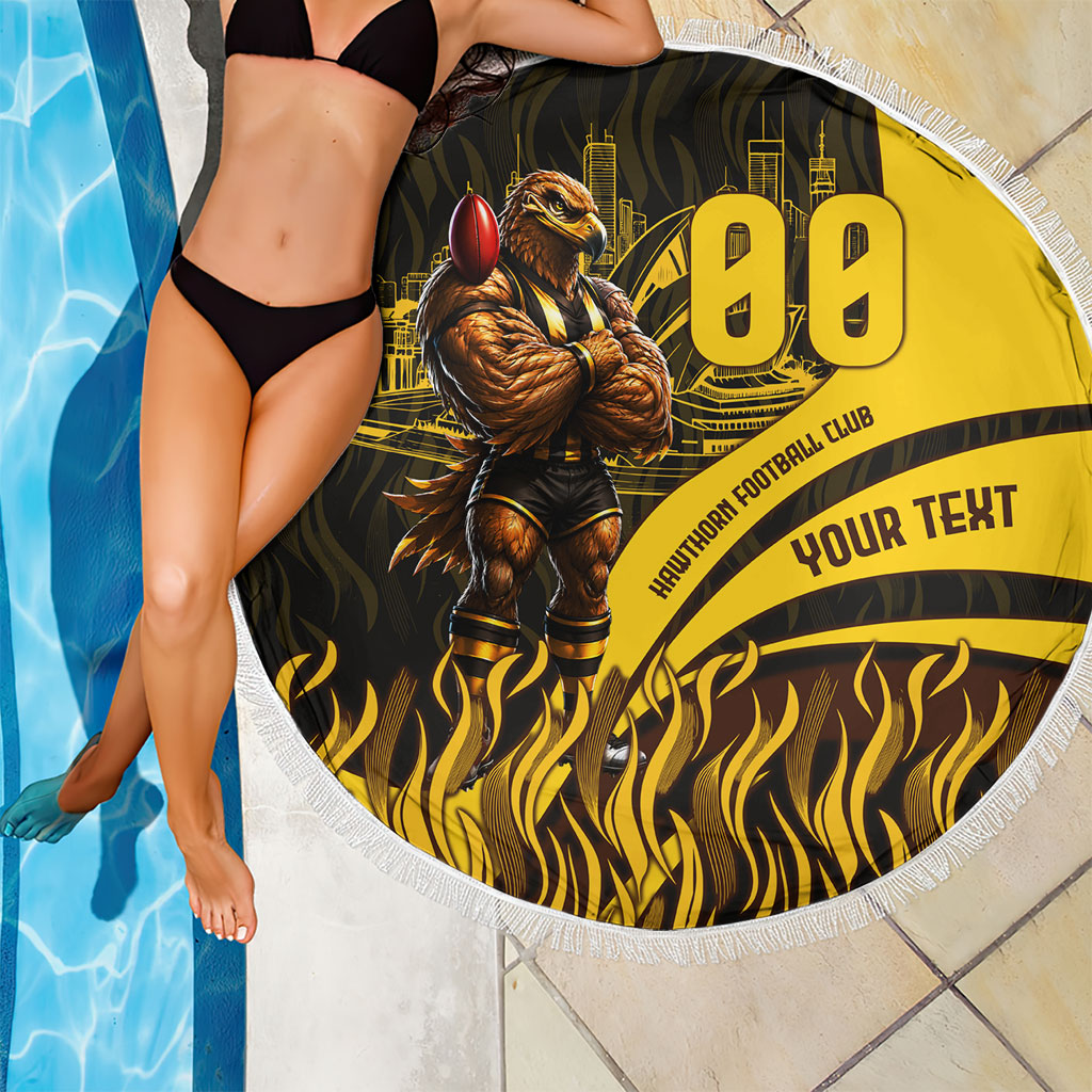 Personalised Hawthorn Hawks Football Beach Blanket Australian City Skyline Graphic Fierce Mascot Art