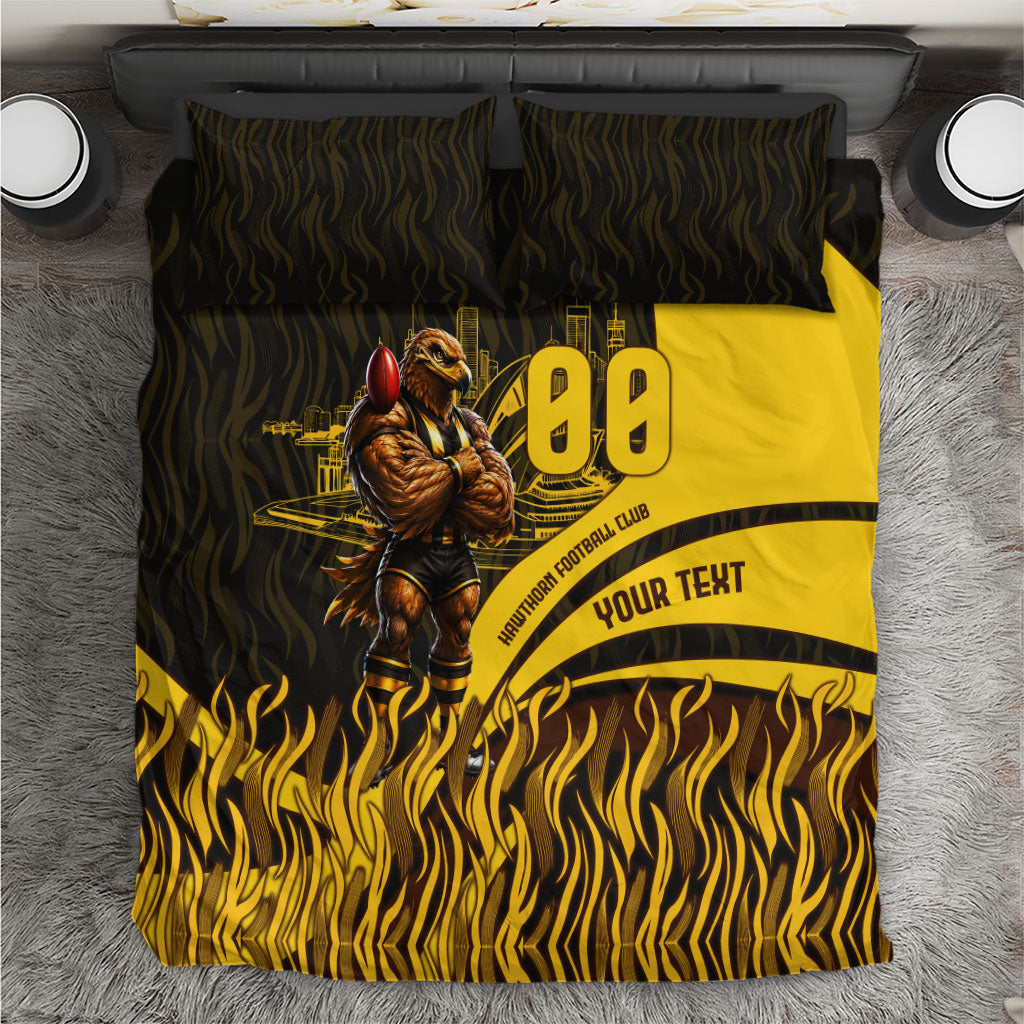 Personalised Hawthorn Hawks Football Bedding Set Australian City Skyline Graphic Fierce Mascot Art