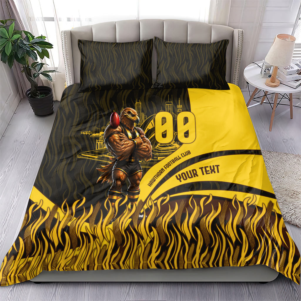 Personalised Hawthorn Hawks Football Bedding Set Australian City Skyline Graphic Fierce Mascot Art