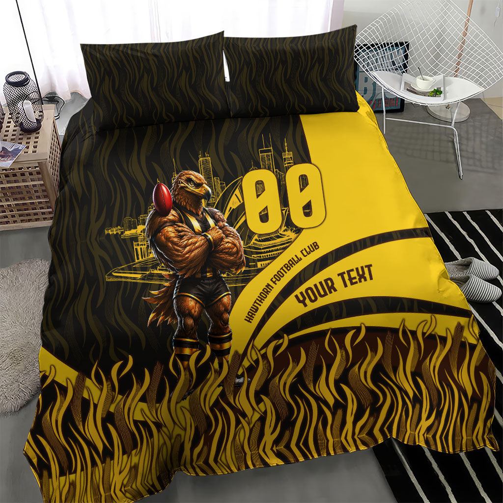 Personalised Hawthorn Hawks Football Bedding Set Australian City Skyline Graphic Fierce Mascot Art
