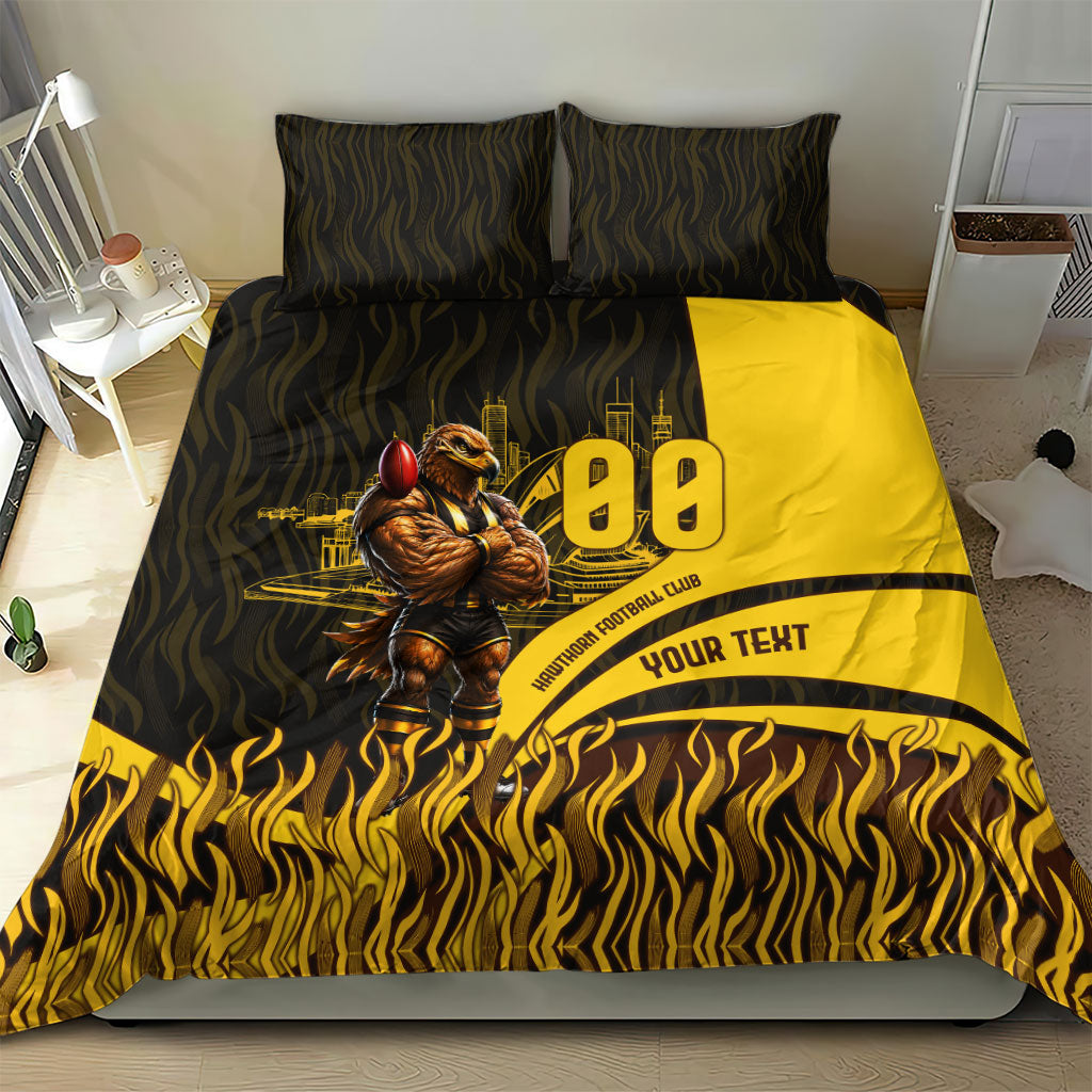 Personalised Hawthorn Hawks Football Bedding Set Australian City Skyline Graphic Fierce Mascot Art