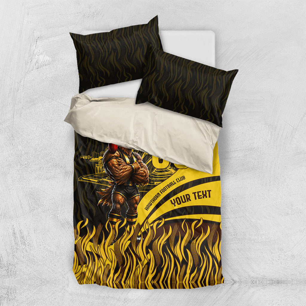 Personalised Hawthorn Hawks Football Bedding Set Australian City Skyline Graphic Fierce Mascot Art