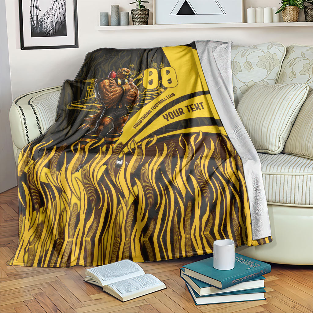 Personalised Hawthorn Hawks Football Blanket Australian City Skyline Graphic Fierce Mascot Art