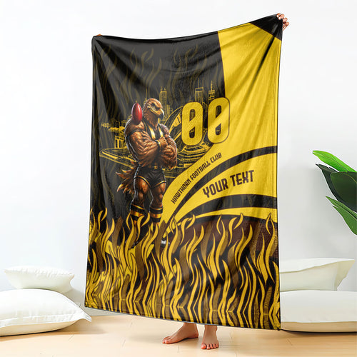 Personalised Hawthorn Hawks Football Blanket Australian City Skyline Graphic Fierce Mascot Art