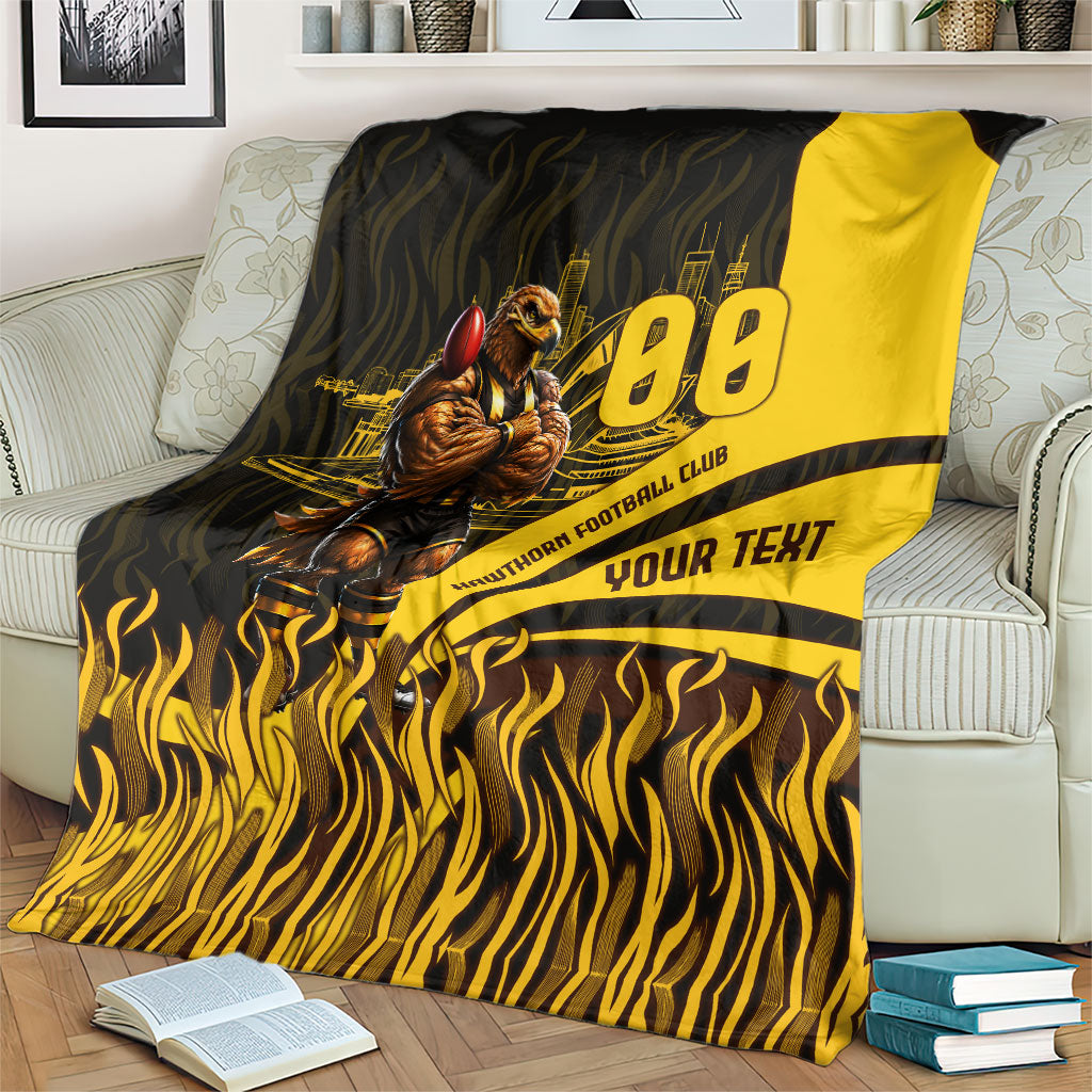 Personalised Hawthorn Hawks Football Blanket Australian City Skyline Graphic Fierce Mascot Art