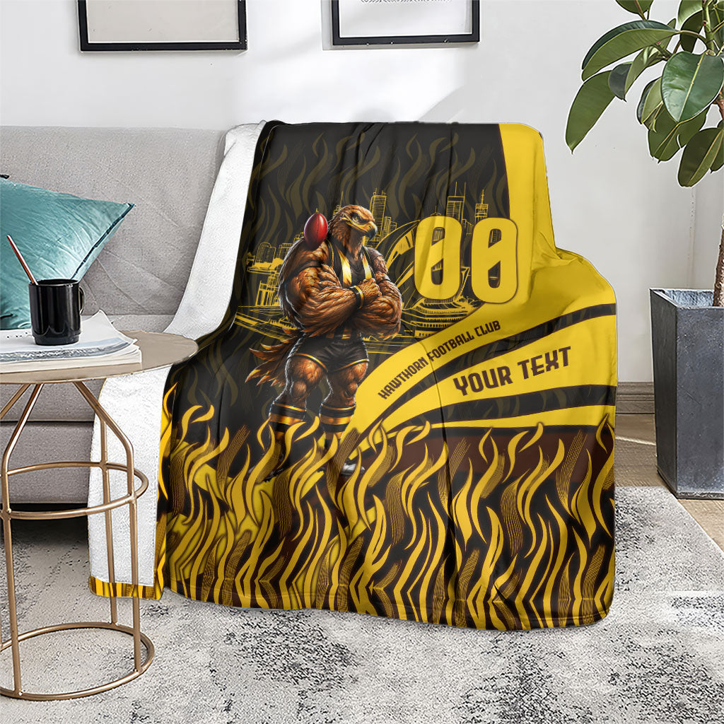 Personalised Hawthorn Hawks Football Blanket Australian City Skyline Graphic Fierce Mascot Art