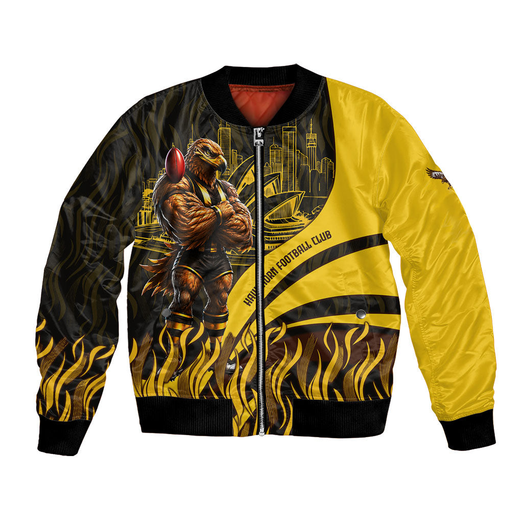 Personalised Hawthorn Hawks Football Bomber Jacket Australian City Skyline Graphic Fierce Mascot Art