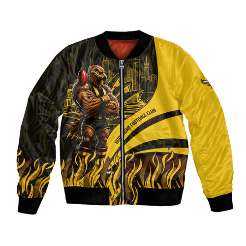 Personalised Hawthorn Hawks Football Bomber Jacket Australian City Skyline Graphic Fierce Mascot Art