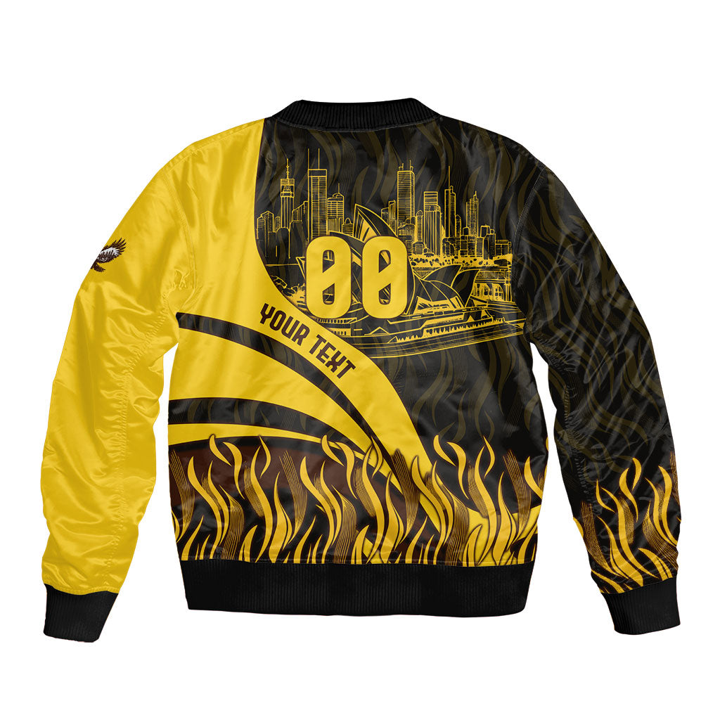 Personalised Hawthorn Hawks Football Bomber Jacket Australian City Skyline Graphic Fierce Mascot Art
